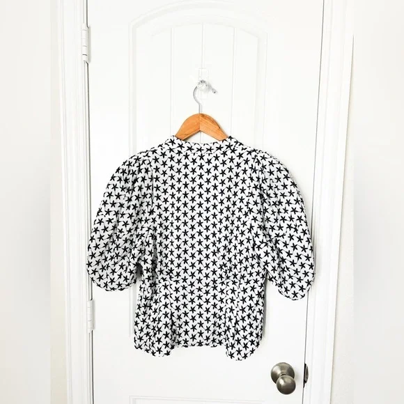 Club Monaco Embroidered Balloon Sleeve Top White Navy Size Small - Picture 5 of 5